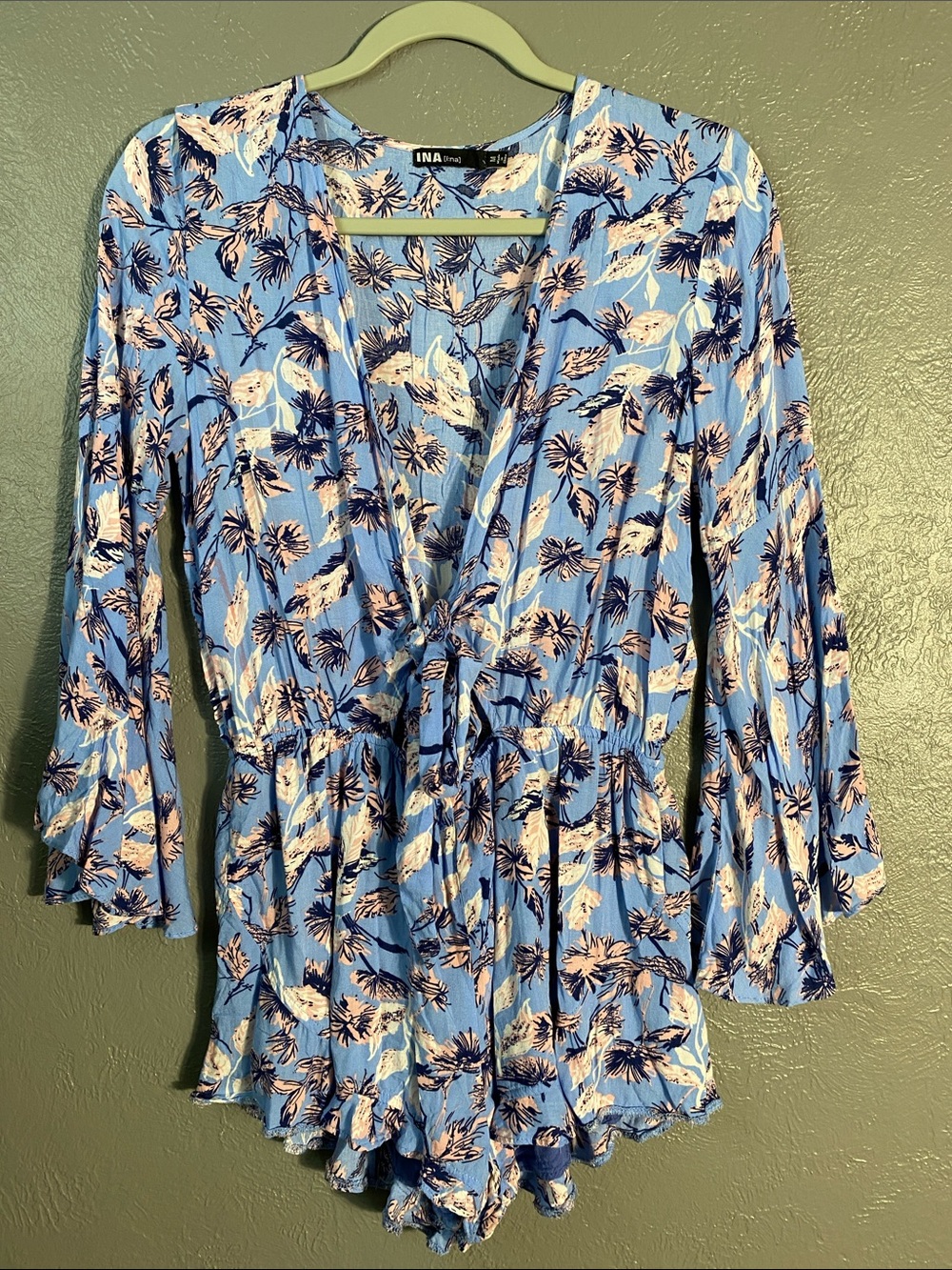 Ina Floral Romper Medium Blue Boho Bell Sleeve Cottagecore Festival Playsuit